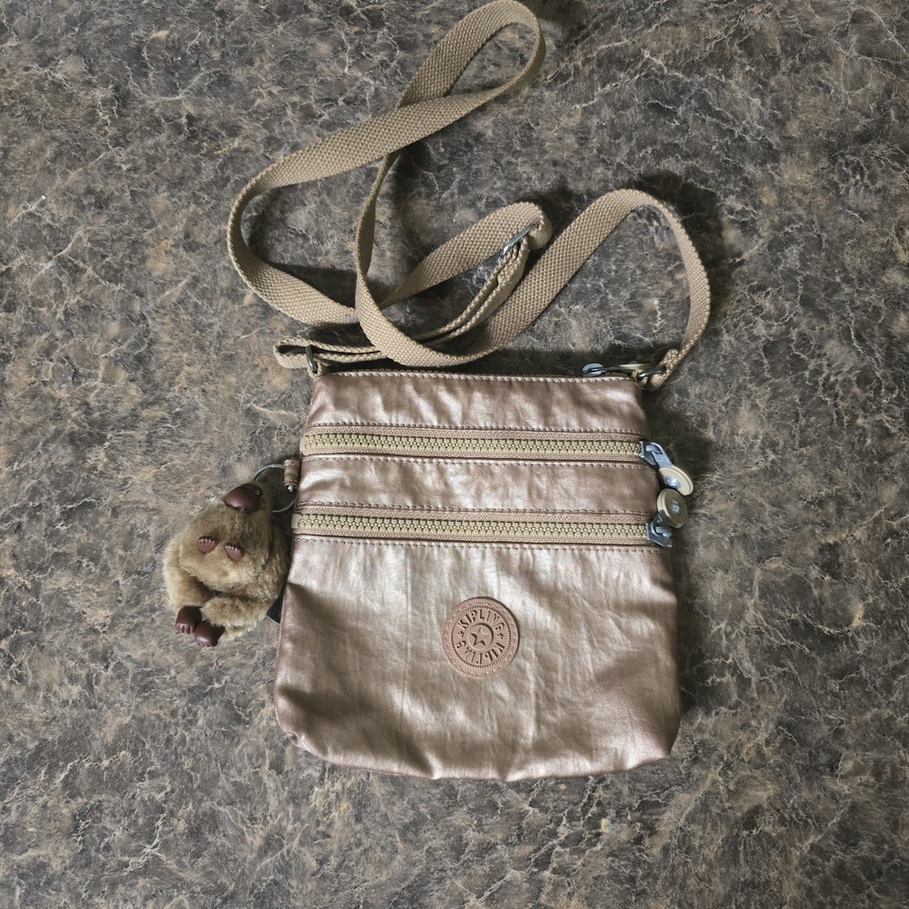 Kipling Alvar / Keiko Crossbody Bag Extra Small Triple Zipper Beige Metallic